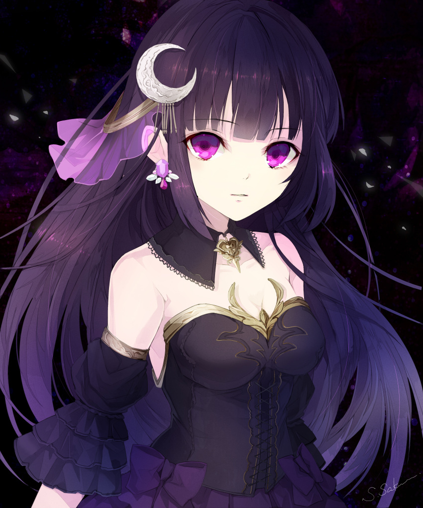 1girl absurdres artist_name bangs black_hair blunt_bangs breasts character_request cleavage copyright_request detached_sleeves earrings highres jewelry locket long_hair medium_breasts official_art original pendant purple_hair sakuma_(hushi) solo violet_eyes witch