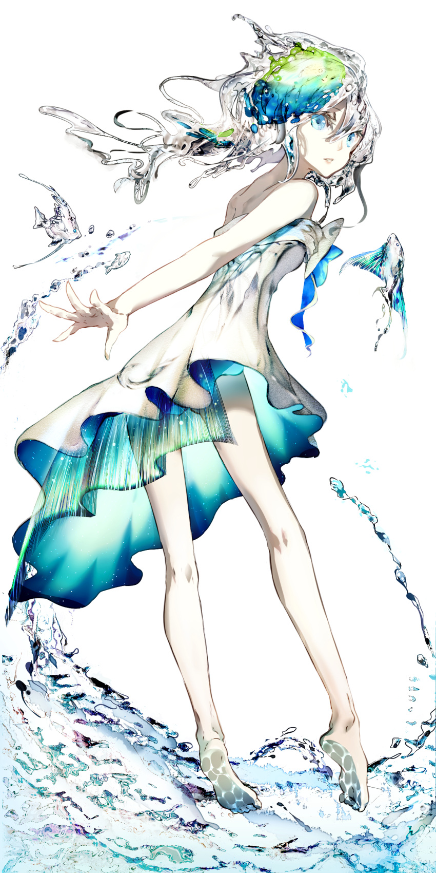 1girl absurdres bare_shoulders barefoot blue_eyes blue_hair dress female floating full_body highres looking_back multicolored_hair original outstretched_hand pale_skin rooseputo_02 solo water white_background white_dress