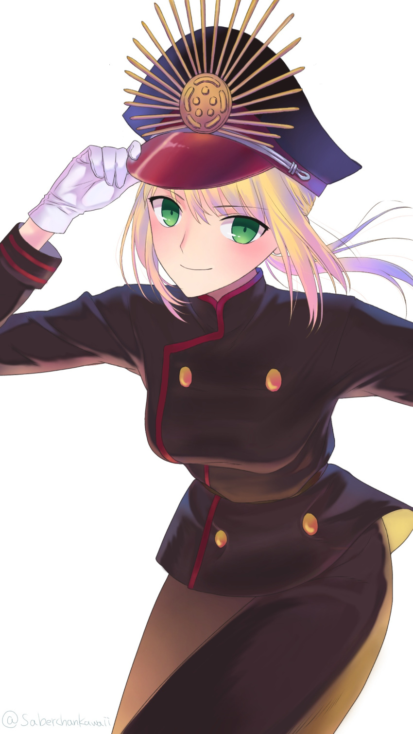 1girl adjusting_clothes adjusting_hat blonde_hair blush breasts cosplay cowboy_shot demon_archer demon_archer_(cosplay) fate/grand_order fate_(series) gloves gradient_hair green_eyes hat highres koha-ace leaning_forward long_sleeves looking_at_viewer medium_breasts military military_uniform multicolored_hair nipi27 peaked_cap pink_hair saber smile solo two-tone_hair uniform white_gloves