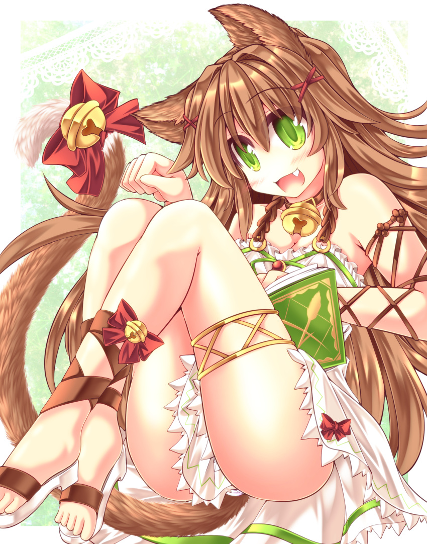 1girl :d absurdres animal_ears bell book bow brown_hair cat_ears cat_tail enokorogusa_(flower_knight_girl) fang flower_knight_girl green_background green_eyes highres jingle_bell long_hair looking_at_viewer mumumu open_mouth paw_pose red_bow sandals skirt smile solo tail tail_bow white_skirt x_hair_ornament