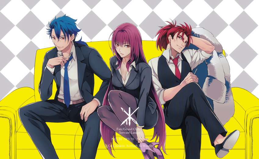 1girl 2boys assassin_(fate/extra) black_legwear blue_hair breasts business_suit character_name cigarette cleavage coat_removed copyright_name fate/extra fate/grand_order fate/prototype fate_(series) formal high_heels lancer lancer_(fate/prototype) large_breasts legs_crossed li_shuwen_(fate/grand_order) loafers long_hair looking_at_viewer loose_necktie multiple_boys necktie nishi_juuji pantyhose purple_hair red_eyes sandwiched scathach_(fate/grand_order) shoes sitting skirt_suit suit very_long_hair vest