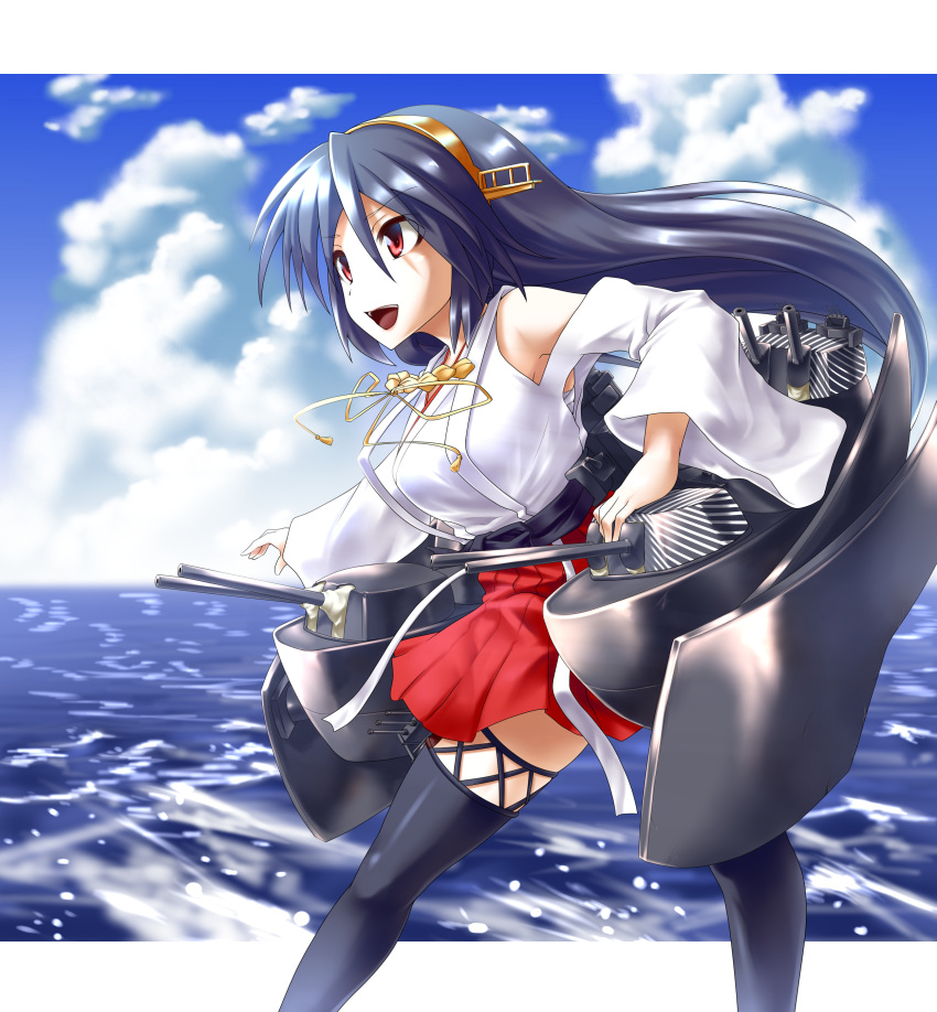 1girl absurdres akudato bare_shoulders black_hair black_legwear breasts detached_sleeves hair_ornament hairband hairclip haruna_(kantai_collection) headgear highres japanese_clothes kantai_collection long_hair nontraditional_miko open_mouth red_eyes ribbon-trimmed_sleeves ribbon_trim solo turret
