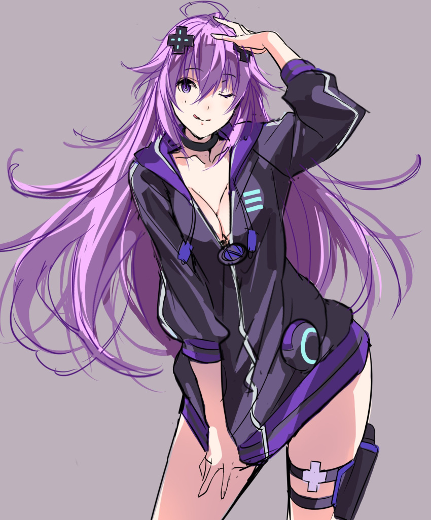 1girl adult_neptune ahoge breasts choujigen_game_neptune cleavage d-pad hair_ornament hand_on_own_head highres hood hooded_track_jacket jacket kagetomo_midori long_hair looking_at_viewer neptune_(series) one_eye_closed outlaw096 purple_hair shin_jigen_game_neptune_vii smile solo standing tongue tongue_out track_jacket violet_eyes