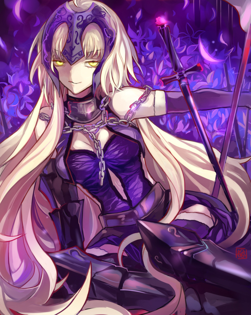 1girl armor blonde_hair breasts chains cleavage fate/grand_order fate_(series) flower fur_trim headpiece highres jeanne_alter long_hair looking_at_viewer ruler_(fate/apocrypha) ruler_(fate/grand_order) smirk solo sword thigh-highs weapon yellow_eyes yuu_(pixiv769259)