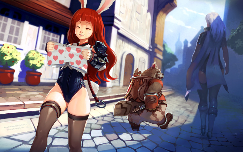 1boy 2girls animal_ears black_legwear boots boxers building closed_eyes clothes_theft door elin_(tera) furry hand_on_own_ass holding leotard long_hair multiple_girls ninja ochrejelly outdoors plant popori potted_plant rabbit_ears raccoon_ears redhead road shirt shorts silver_hair smile street tail tera_online theft thigh-highs underwear underwear_theft very_long_hair walking window