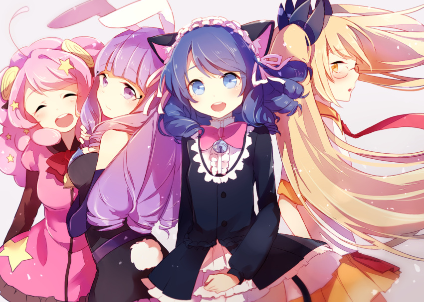 4girls ahoge animal_ears bell blonde_hair blue_eyes blue_hair bunny_tail cat_ears cat_tail chuchu_(show_by_rock!!) closed_eyes cyan_(show_by_rock!!) detached_sleeves drill_hair frilled_skirt frills glasses hairband leafwow lolita_hairband looking_at_viewer moa_(show_by_rock!!) multiple_girls necktie open_mouth pink_hair pleated_skirt purple_hair rabbit_ears red_necktie retoree shirt show_by_rock!! skirt tail twintails violet_eyes white_shirt yellow_eyes yellow_skirt