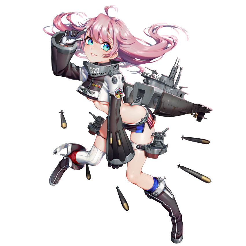 1girl absurdres ahoge ass asymmetrical_legwear badge bangs battleship_girl blue_eyes blue_legwear boots breasts cannon collar commentary_request crop_top crop_top_overhang floating floating_hair floating_object full_body gloves grey_boots highres kneehighs leaning_forward legs_apart long_hair long_sleeves machinery mecha_musume microskirt midriff mismatched_legwear number official_art original parted_lips personification pink_hair quuni red_legwear salute shade side_slit simple_background single_thighhigh skirt small_breasts smile solo striped thigh-highs thigh_strap torpedo turret under_boob unzipped white_background white_legwear wide_sleeves zipper