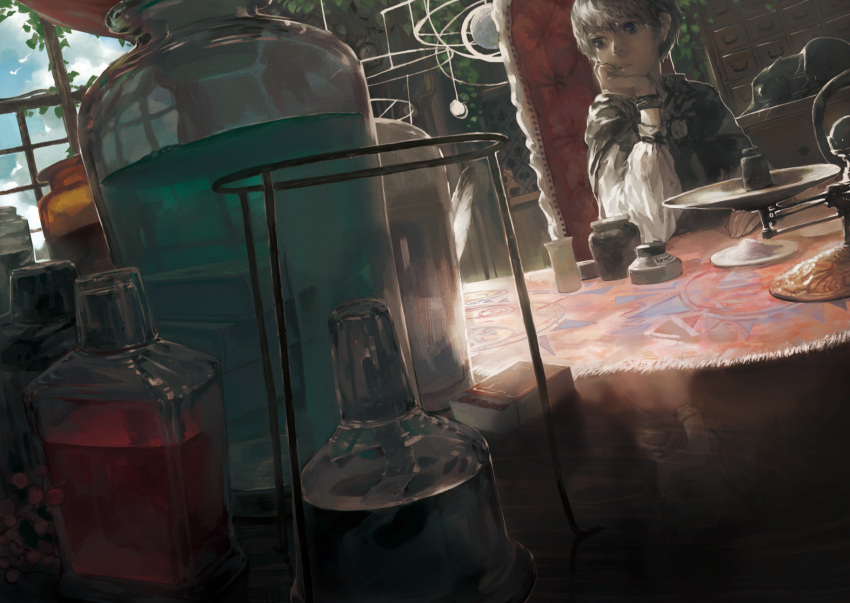 arm_support black_cat blue_eyes bottle cape cat chair clouds dutch_angle fantasy hand_on_own_chin head_rest highres indoors inkwell jar looking_to_the_side mtz original plant short_hair silver_hair sitting sky table tablecloth vines weighing_scale window