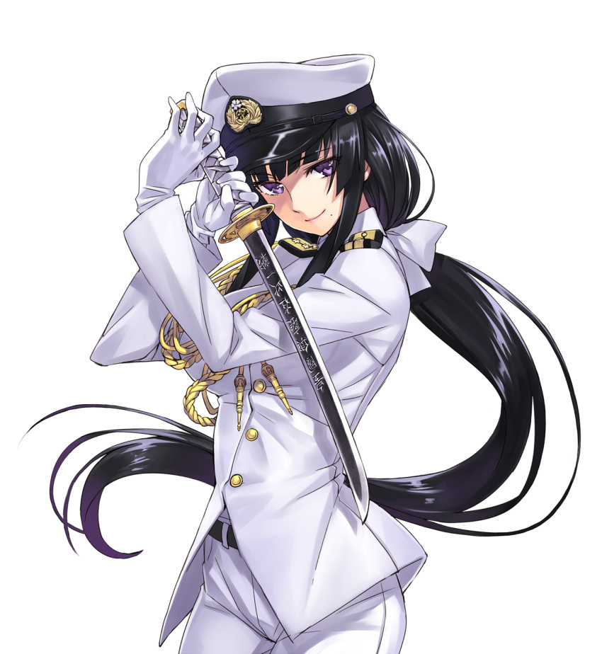1girl aiguillette bangs belt black_hair blunt_bangs bow breasts buttons female_admiral_(kantai_collection) fighting_stance gloves hair_bow hands_up hat highres holding holding_weapon kantai_collection large_breasts light_smile long_hair long_sleeves looking_at_viewer low_ponytail matsuryuu military military_uniform mole mole_under_mouth naval_uniform pants peaked_cap ponytail simple_background smile solo standing sword uniform very_long_hair violet_eyes wakizashi weapon white_background white_gloves