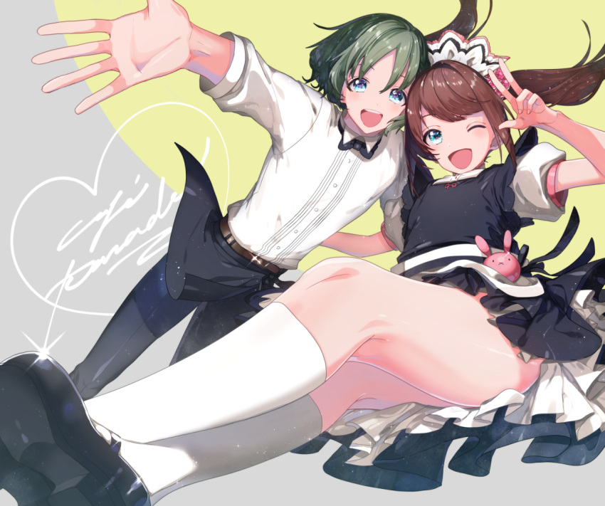 1boy 1girl ;d arm_up bare_legs belt black_bow black_bowtie black_dress black_pants black_shoes blue_eyes blush bow bowtie brown_hair collared_shirt copyright_request dress foreshortening glint green_hair hairband hand_gesture heart hiro_(menomae) kneehighs kneepits long_hair mary_janes one_eye_closed open_mouth outstretched_arm palms pants puffy_short_sleeves puffy_sleeves round_teeth shirt shoes short_sleeves simple_background smile spread_fingers teeth twintails two-tone_background w white_legwear white_shirt wing_collar