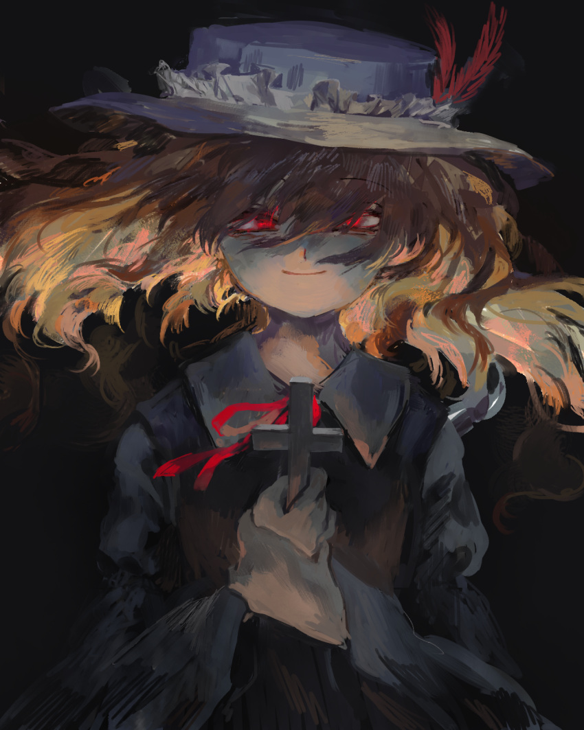1girl bangs blonde_hair character_request collared_shirt cross dolls_in_pseudo_paradise extra feathers floating_hair frilled_hat frills glowing glowing_eye hair_between_eyes hat hat_feather highres holding long_hair long_sleeves looking_at_viewer nazoko neck_ribbon red_eyes ribbon shirt smile solo touhou upper_body white_hat wide_sleeves wing_collar