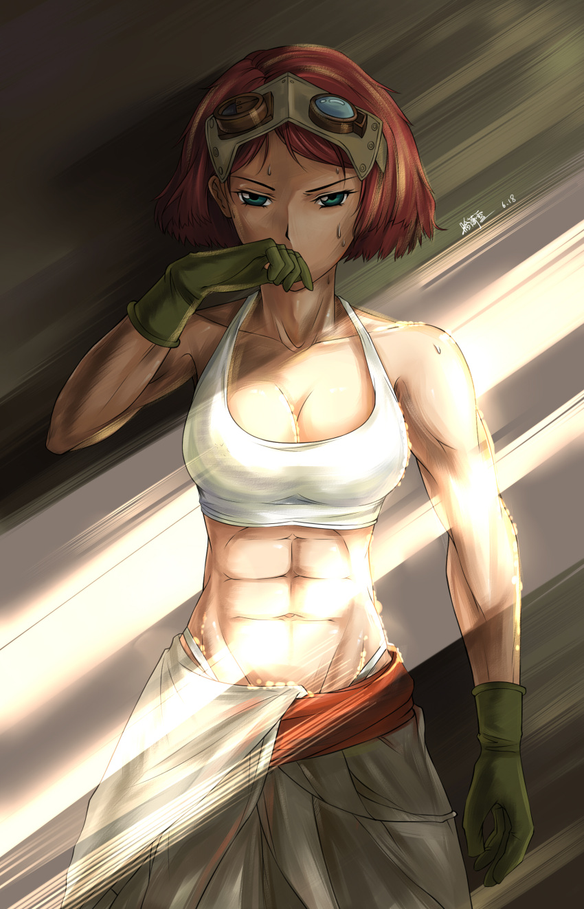 1girl abs absurdres bare_shoulders biceps breasts cleavage female gloves goggles goggles_on_head green_eyes green_gloves han_xiao_xue_beifang_xue_ji highres koutetsujou_no_kabaneri looking_at_viewer midriff muscle redhead short_hair solo steampunk sweat tank_top toned wiping_sweat yukina_(kabaneri)