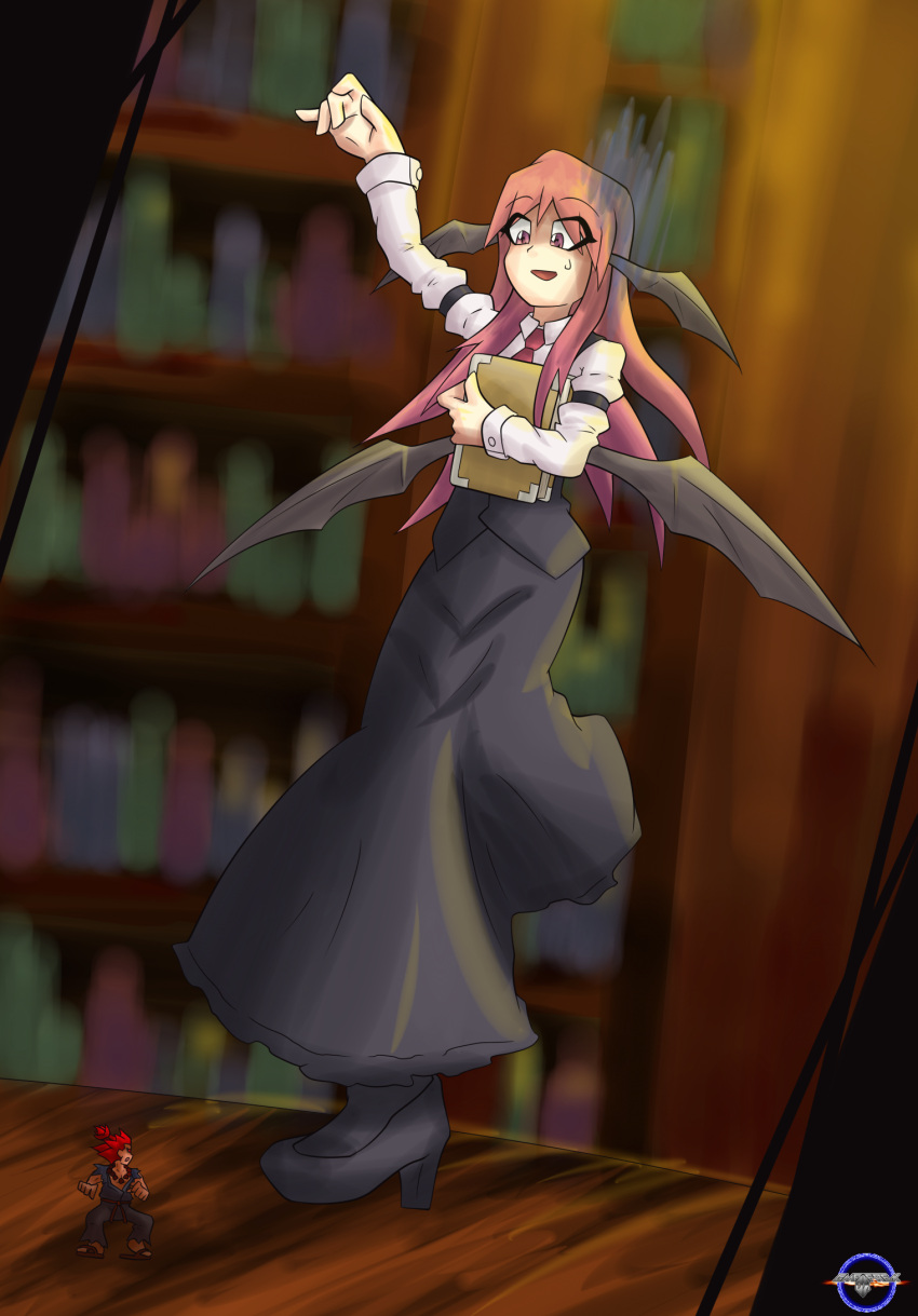 &gt;:o 1boy 1girl :d :o arm_up armband bat_wings black_legwear blurry book book_hug bookshelf commentary crossover depth_of_field dress_shirt eyelashes gamefreakdx gouki head_wings high_heels highres holding holding_book irony koakuma library long_hair long_sleeves looking_at_another low_wings miniboy namesake necktie open_mouth pants pun red_eyes red_necktie redhead sandals shirt short_sleeves size_difference skirt skirt_set smile standing standing_on_one_leg street_fighter sweatdrop topknot torn_clothes torn_shirt touhou vest voile white_shirt wings wooden_floor