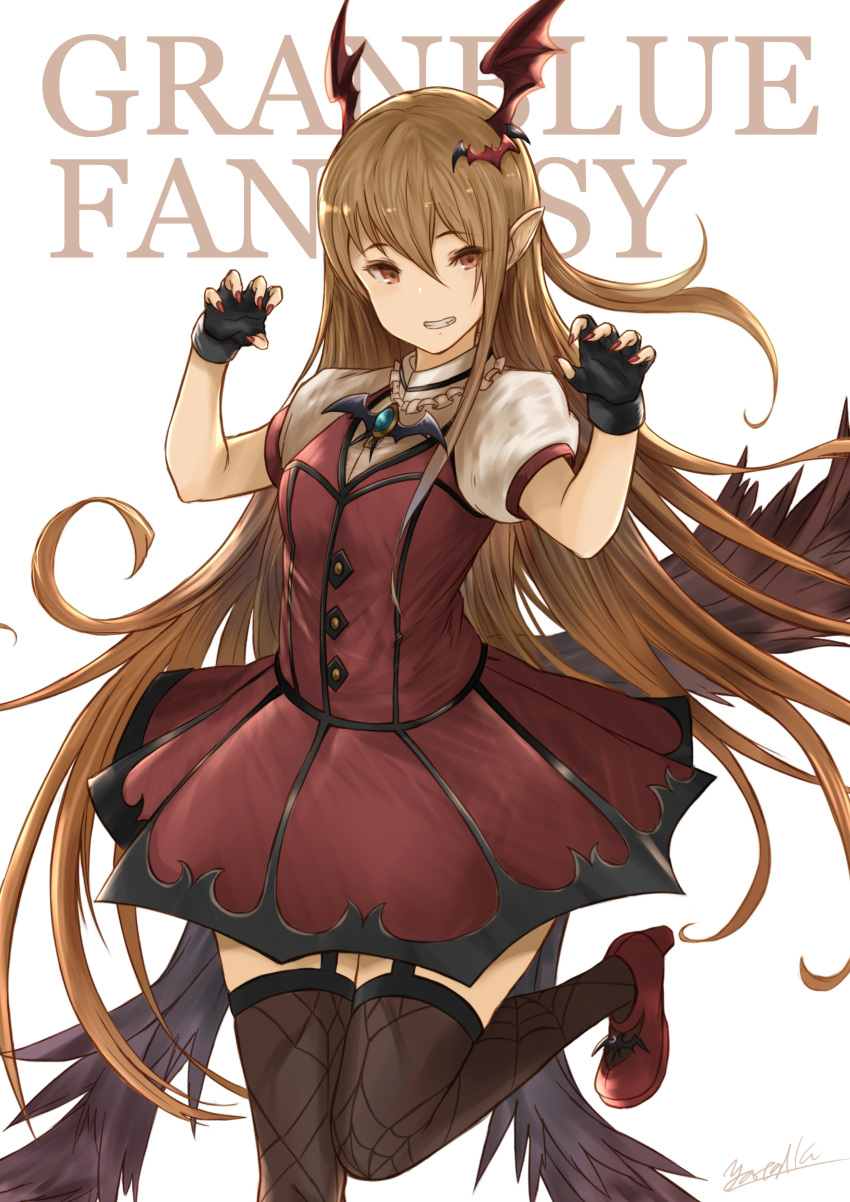 1girl absurdres bat_wings black_gloves blonde_hair brooch claw_pose cosplay dress fingerless_gloves garter_straps gloves granblue_fantasy head_wings highres idolmaster jewelry long_hair looking_at_viewer my_dear_vampire nail_polish pointy_ears red_eyes red_nails seiyuu_connection short_sleeves simple_background skirt smile solo spider_web_print thigh-highs vampy white_background wings yatsuka_(846)