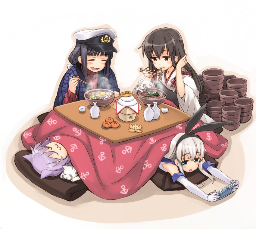 4girls :3 akagi_(kantai_collection) animal_ears black_hair blonde_hair blush blush_stickers bowl cat cat_ears chopsticks eating elbow_gloves female_admiral_(kantai_collection) food fruit gloves green_eyes hairband japanese_clothes kantai_collection kotatsu long_hair mandarin_orange matsuryuu multiple_girls muneate noodles open_mouth playing_games purple_hair shimakaze_(kantai_collection) short_hair sleeping smile soba table tama_(kantai_collection) under_kotatsu under_table white_gloves