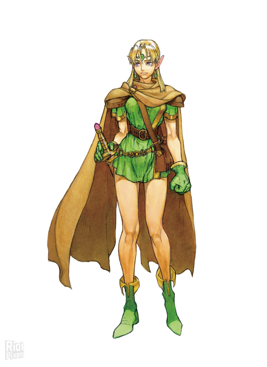 1girl bag bare_legs belt blonde_hair boots breasts cape dungeons_&amp;_dragons:_shadow_over_mystara dungeons_and_dragons earrings elf forehead_jewel full_body gloves green_boots green_gloves highres jewelry large_breasts long_hair lucia_(d&amp;d) nishimura_kinu official_art pointy_ears satchel sheath sheathed shoulder_pads simple_background solo standing strap_cleavage sword tunic violet_eyes watermark weapon white_background