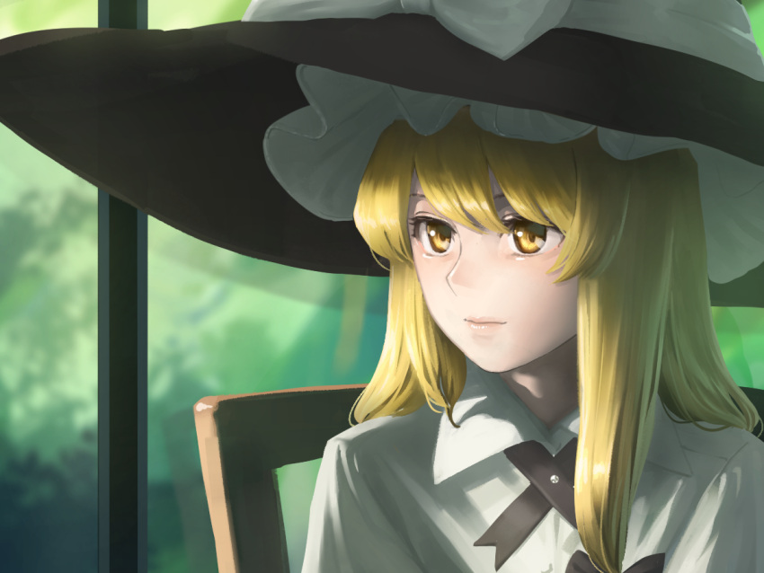 1girl amino_(tn7135) black_hat black_skirt blonde_hair blurry bow buttons chair collared_shirt depth_of_field hair_ribbon hat hat_bow kirisame_marisa looking_to_the_side pink_lips puffy_short_sleeves puffy_sleeves ribbon shirt short_sleeves skirt smile solo touhou tress_ribbon v_arms white_bow white_shirt wing_collar witch_hat yellow_eyes