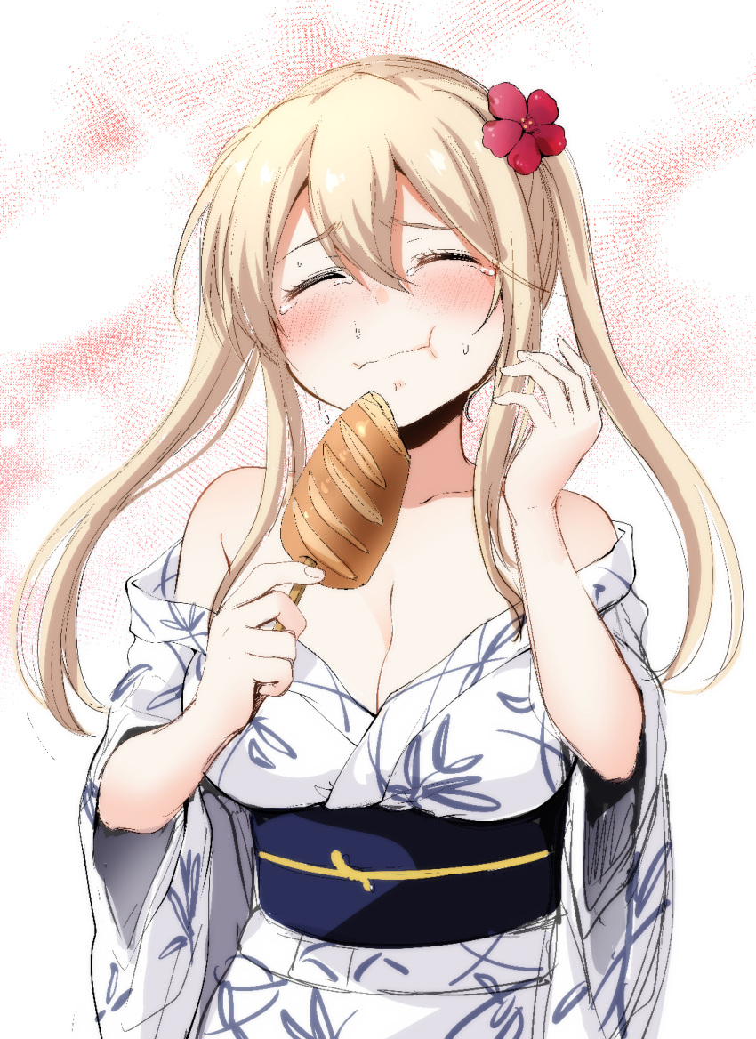 1girl bare_shoulders blonde_hair blush breasts cleavage closed_eyes closed_mouth collarbone commentary_request eyebrows eyebrows_visible_through_hair flower food graf_zeppelin_(kantai_collection) hair_flower hair_ornament highres ishima_yuu japanese_clothes kantai_collection kimono large_breasts obi off_shoulder one_eye_closed restrained sash tears upper_body