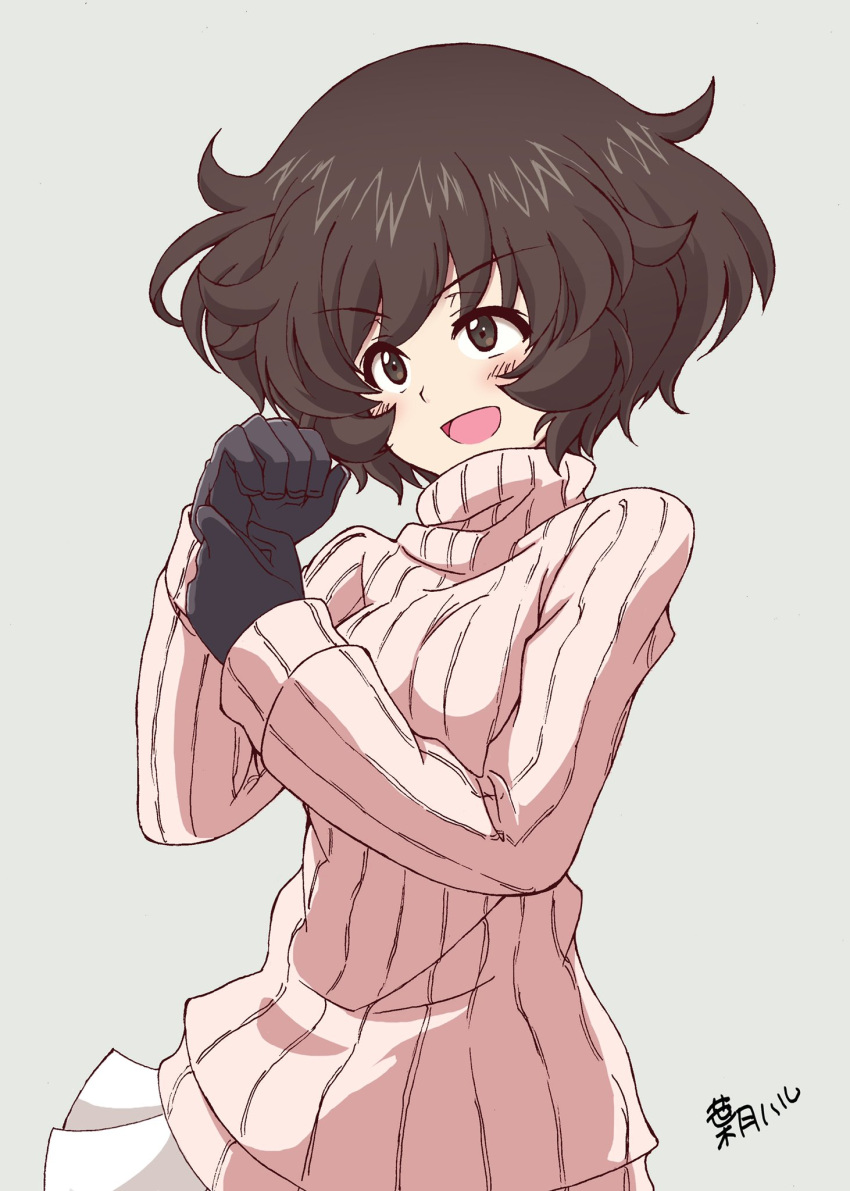 1girl :d adjusting_clothes adjusting_gloves akiyama_yukari artist_name bangs black_gloves brown_eyes brown_hair casual commentary eyebrows_visible_through_hair girls_und_panzer gloves grey_background hadzuki_haru highres light_blush long_sleeves messy_hair miniskirt open_mouth pink_sweater pleated_skirt ribbed_sweater short_hair signature simple_background skirt smile smirk solo standing sweater turtleneck turtleneck_sweater upper_body v-shaped_eyebrows white_skirt