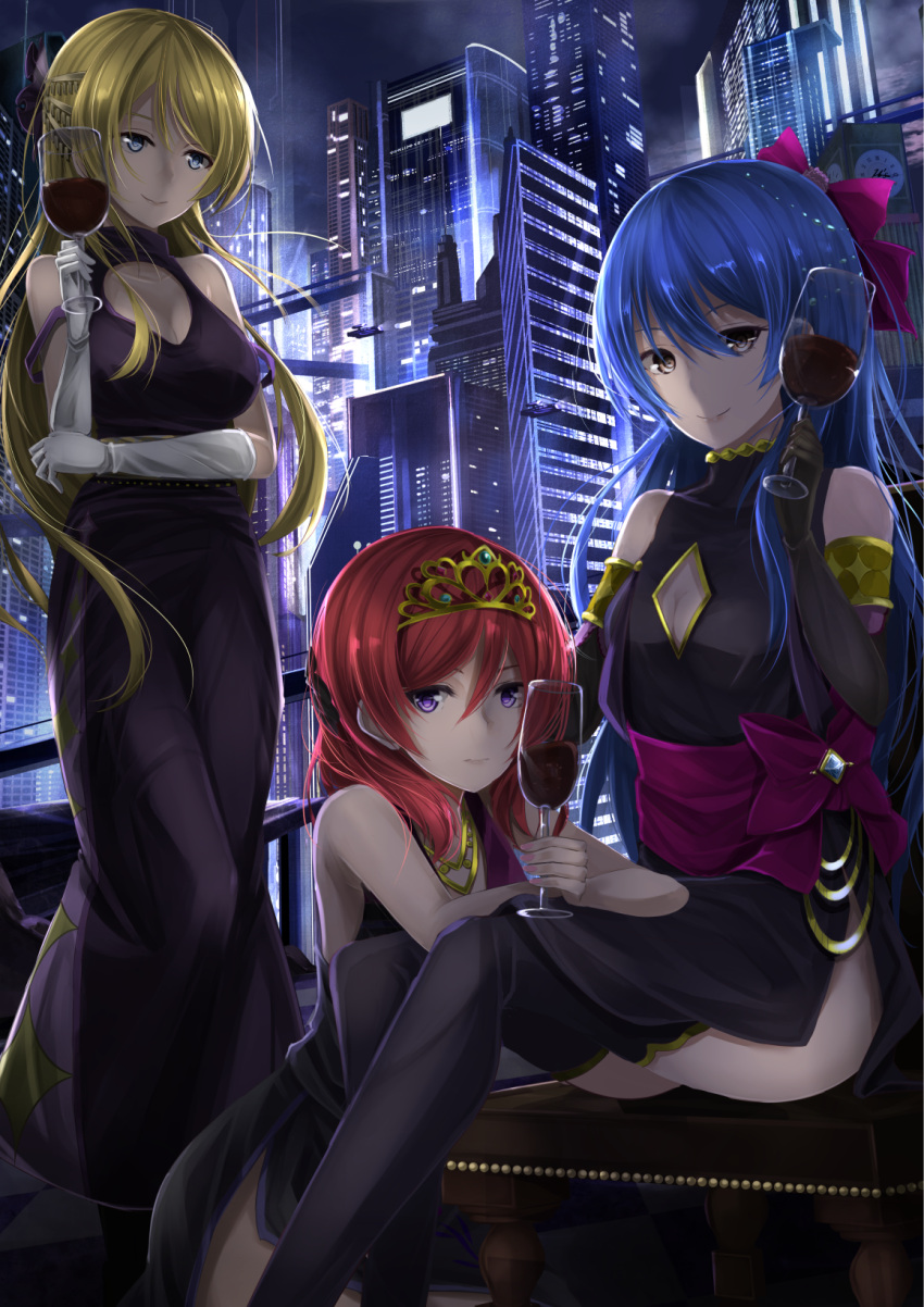 3girls across_lap alcohol ayase_eli bare_shoulders blonde_hair blue_eyes bow breasts building cleavage cleavage_cutout cup dress drinking_glass elbow_gloves flying_car gloves hair_bow highres love_live! love_live!_school_idol_project multiple_girls night nishikino_maki orien redhead skyscraper soldier_game sonoda_umi tiara violet_eyes wine wine_glass