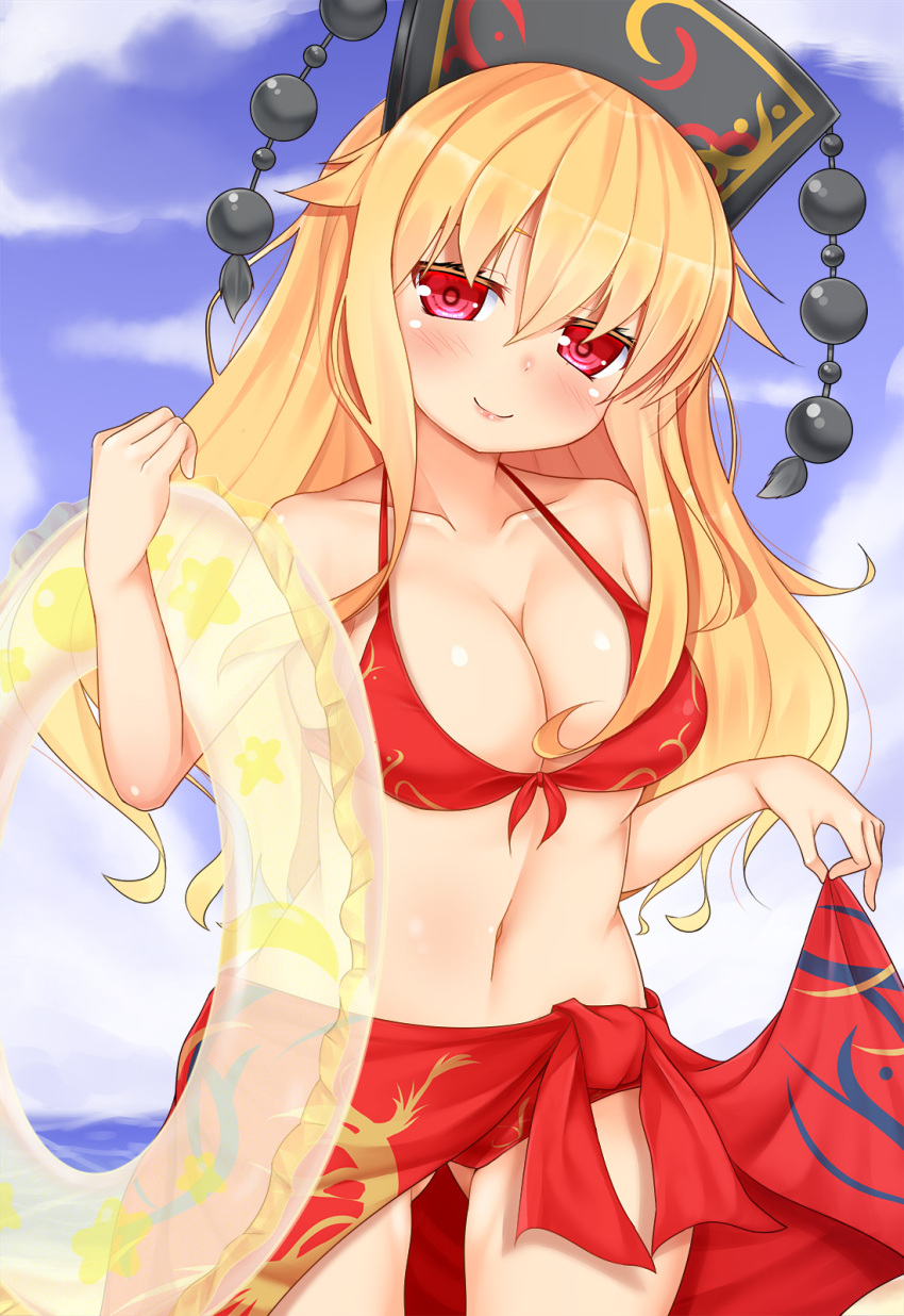 1girl bare_shoulders bikini black_hat blue_sky breasts cleavage closed_mouth clouds cowboy_shot day female gluteal_fold hair_between_eyes hat head_tilt highres holding innertube junko_(touhou) large_breasts long_hair looking_at_viewer navel ocean outdoors pom_pom_(clothes) red_bikini sarong sky smile solo standing stomach swimsuit tokoya tokoya_(ex-hetare) touhou transparent water