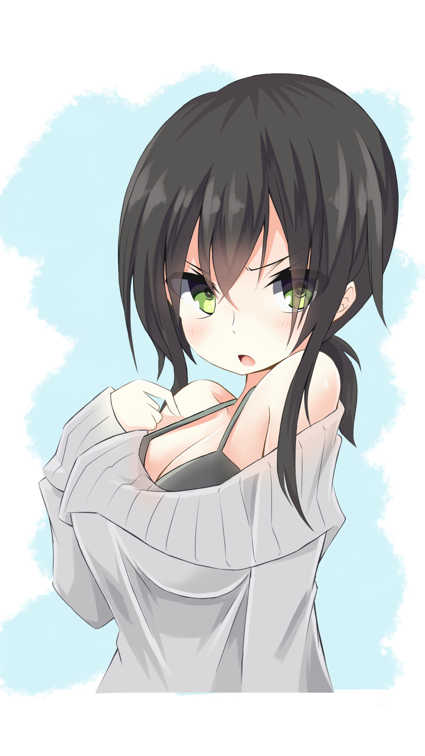 1girl absurdres alternate_costume bare_shoulders black_bra black_hair bra breasts cleavage eyebrows eyebrows_visible_through_hair fubuki_(kantai_collection) green_eyes highres kantai_collection large_breasts long_sleeves looking_at_viewer low_ponytail open_mouth ribbed_sweater sakakiba_misogi short_ponytail simple_background solo sweater tsurime underwear upper_body