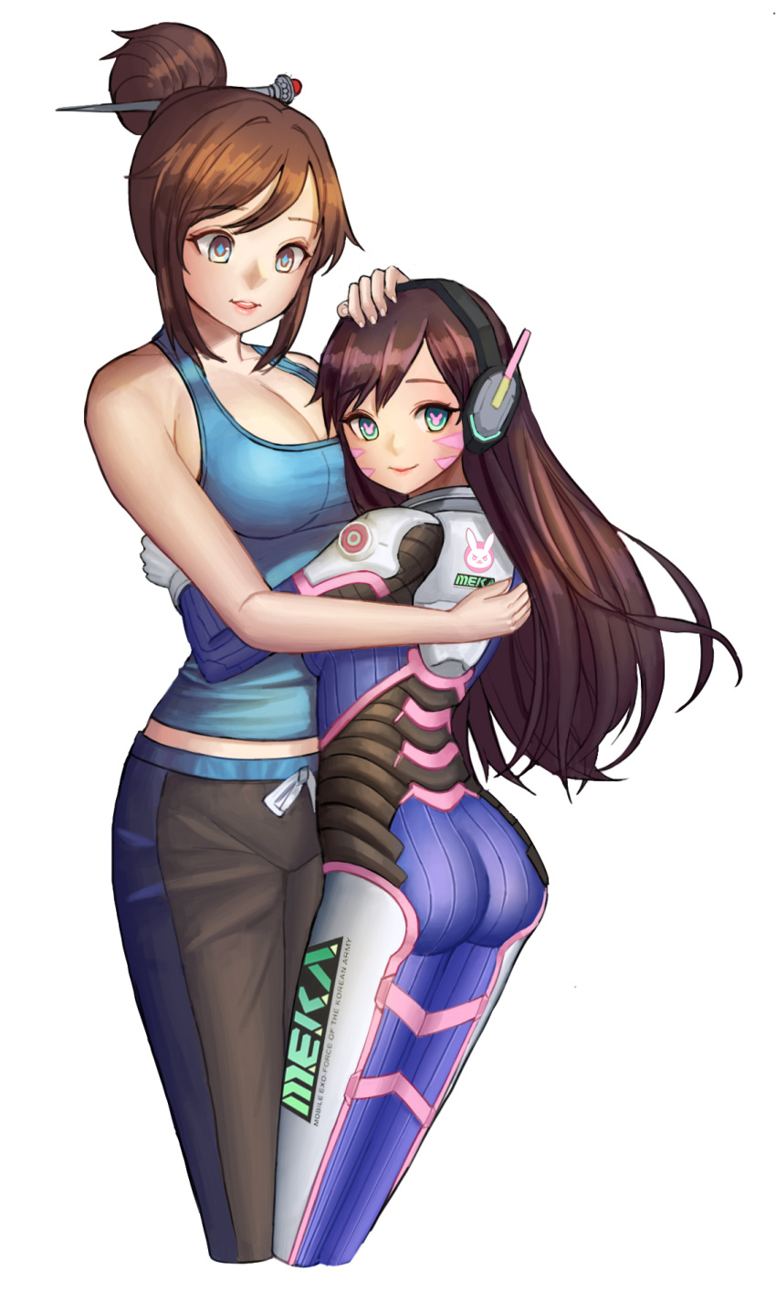 2girls ass bangs beads blue_eyes bodysuit breasts brown_hair casual cleavage collarbone corgi_(artist) cowboy_shot d.va_(overwatch) facial_mark gloves green_eyes hair_bun hair_ornament hair_stick hairpin hand_on_another's_head headphones height_difference highres hug large_breasts light_smile lips long_hair looking_at_viewer mei_(overwatch) multiple_girls no_glasses overwatch parted_lips pilot_suit simple_background skin_tight smile swept_bangs symbol-shaped_pupils tank_top whisker_markings white_background white_gloves