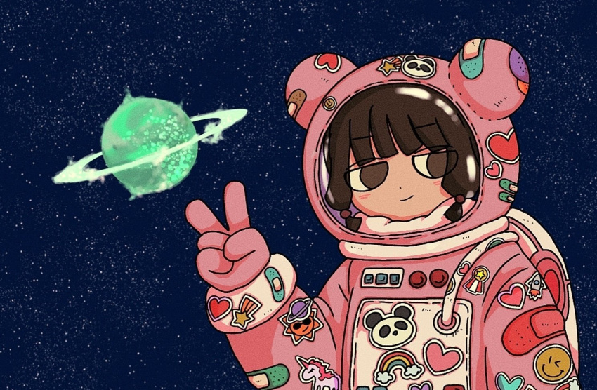 1girl astronaut bandaid bangs brown_eyes brown_hair double_bun eyebrows_visible_through_hair heart looking_at_viewer original planet planetary_ring rainbow rocket sakura_szm shooting_star sky smile solo space space_helmet star_(sky) starry_sky sticker unicorn v