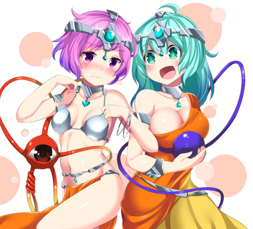 2girls :d alternate_costume armlet bare_shoulders blush breasts choker cleavage collarbone cowboy_shot dancer dragon_quest dragon_quest_iv eyeball green_eyes green_hair groin headgear heart highres hitotsuki_nebura indian_clothes komeiji_koishi komeiji_satori large_breasts locked_arms looking_at_another looking_at_viewer looking_down manya manya_(cosplay) minea minea_(cosplay) multiple_girls navel nose_blush open_mouth pelvic_curtain purple_hair revealing_clothes siblings sisters small_breasts smile thighs third_eye touhou violet_eyes white_background