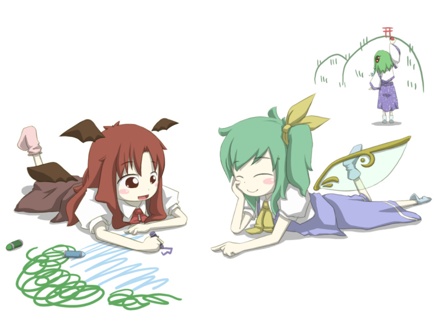 3girls :d ^_^ arm_up bat_wings blush_stickers bow chibi child_drawing closed_eyes crayon daiyousei detached_sleeves detached_wings fairy_wings frog_hair_ornament full_body green_hair hair_bow hair_ornament happy head_wings koakuma kochiya_sanae leg_up lying multiple_girls necktie no_shoes on_stomach open_mouth peconica pointing puffy_short_sleeves puffy_sleeves red_eyes red_necktie redhead short_sleeves side_ponytail simple_background skirt skirt_set smile snake_hair_ornament socks standing torii touhou vest white_background wide_sleeves wings younger