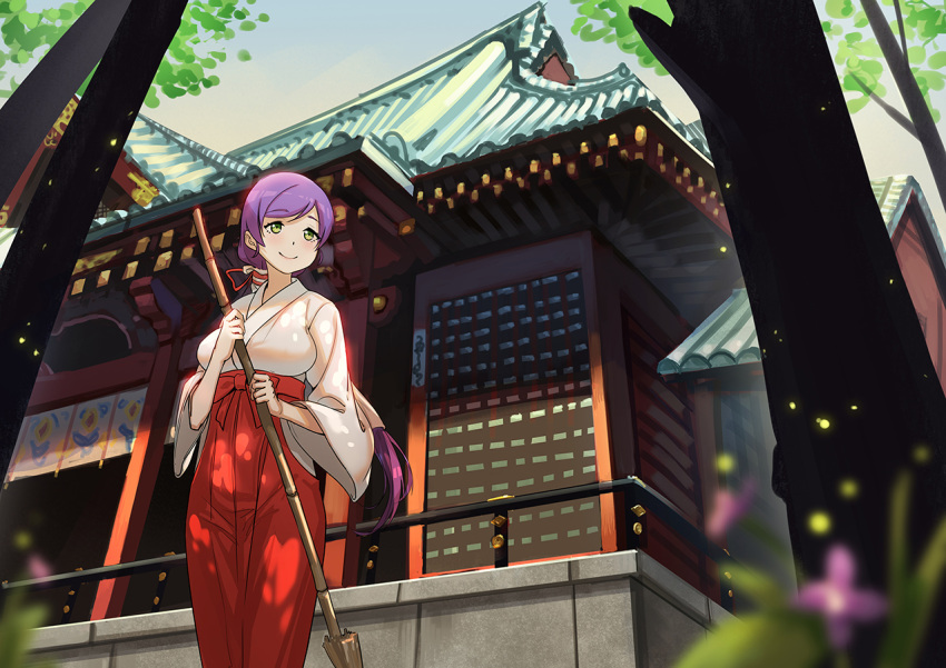 1girl alternate_hairstyle blurry blush breasts closed_mouth depth_of_field flower green_eyes hakama holding_broom japanese_clothes long_hair looking_away love_live! love_live!_school_idol_project miko outdoors ponytail purple_hair railing shirt shrine smile solo standing toujou_nozomi tree very_long_hair white_shirt zhanzheng_zi