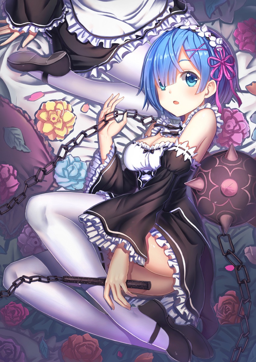 2girls :o absurdres alternate_legwear apron ball_and_chain bed_sheet black_bow black_dress black_shoes blue_eyes blue_hair blush bow breasts detached_sleeves dress flail flower frilled_apron frilled_dress frilled_sleeves frills from_above guangfu_bao_tong_meng0-0 hair_ornament hair_over_one_eye hair_ribbon hairband highres holding holding_weapon lap_pillow leaf looking_at_viewer maid maid_apron morning_star multiple_girls on_bed out_of_frame pantyhose petals ram_(re:zero) re:zero_kara_hajimeru_isekai_seikatsu rem_(re:zero) ribbon ribbon_trim shoes short_hair siblings sisters sitting spikes thigh-highs twins weapon white_apron white_legwear wide_sleeves x_hair_ornament