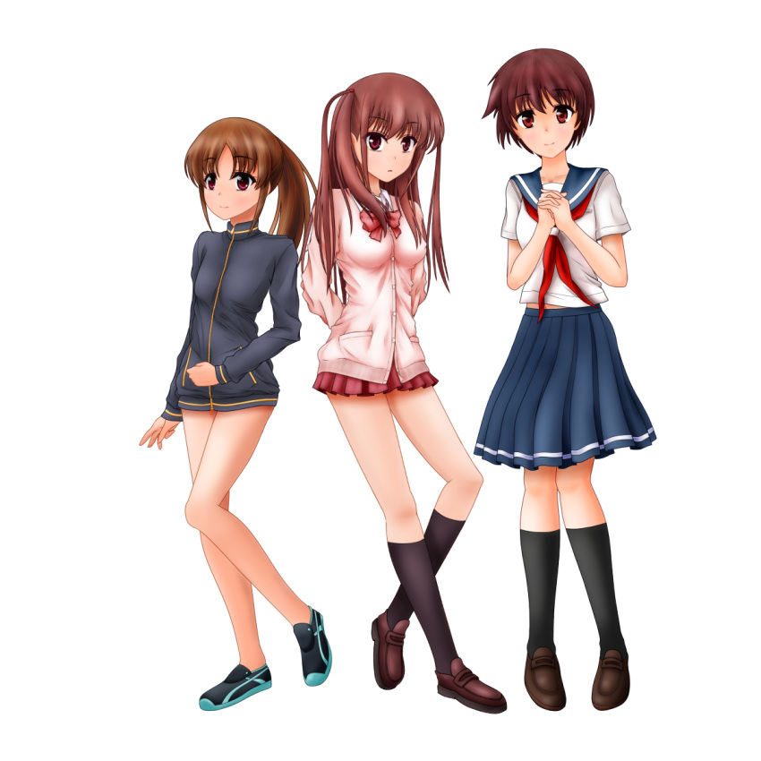 3girls arms_behind_back atarashi_ako bare_legs black_legwear bottomless bow bowtie brown_hair butabarutan cardigan full_body hands_clasped highres jacket kneehighs loafers long_hair long_sleeves miniskirt miyanaga_saki multiple_girls naked_track_jacket neckerchief no_panties no_pants nude pleated_skirt ponytail red_eyes saki saki_achiga-hen school_uniform serafuku shoes short_hair simple_background skirt standing takakamo_shizuno track_jacket two_side_up white_background