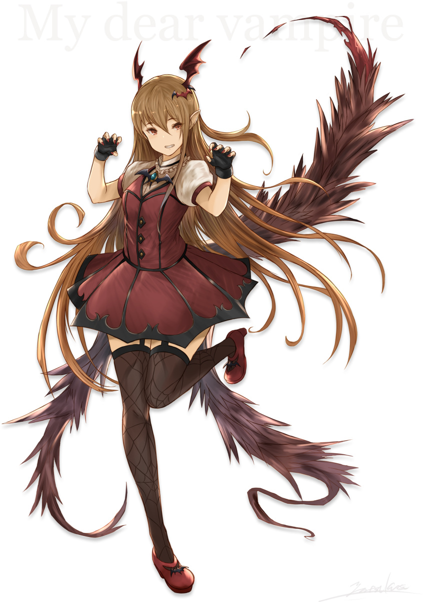 1girl absurdres bat_wings black_gloves blonde_hair brooch claw_pose cosplay dress fingerless_gloves garter_straps gloves granblue_fantasy head_wings highres idolmaster jewelry long_hair looking_at_viewer my_dear_vampire nail_polish pointy_ears red_eyes red_nails seiyuu_connection short_sleeves simple_background skirt smile solo spider_web_print thigh-highs vampy white_background wings yatsuka_(846)