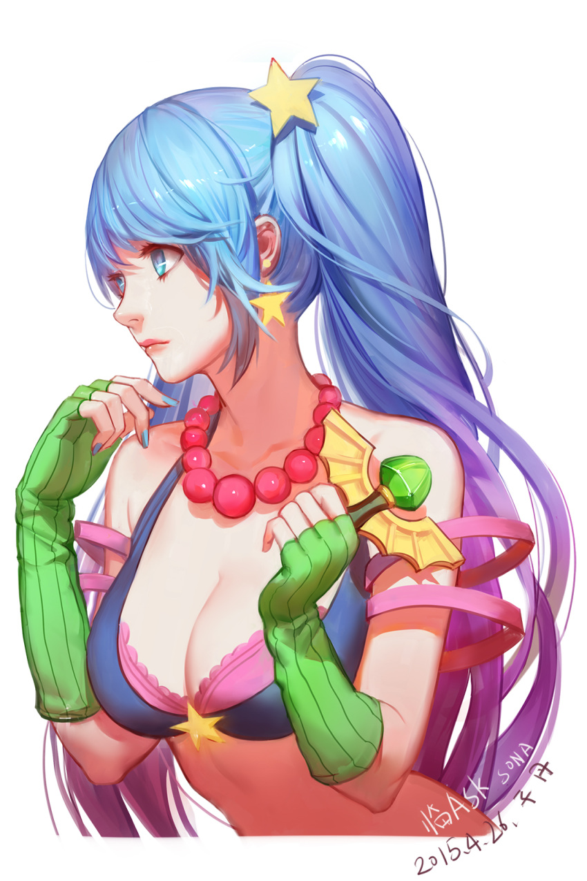 1girl arcade_sona breasts dated derivative_work gradient_hair highres jodan league_of_legends long_hair multicolored_hair nail_polish simple_background solo sona_buvelle star white_background