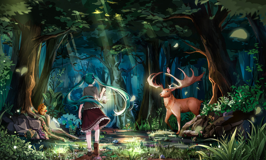 1girl animal aqua_hair bird brown_shoes forest from_behind grey_shirt hatsune_miku hnanati lantern leaf light_rays long_hair nature red_skirt shirt shoes skirt solo squirrel stone tree twintails very_long_hair vocaloid