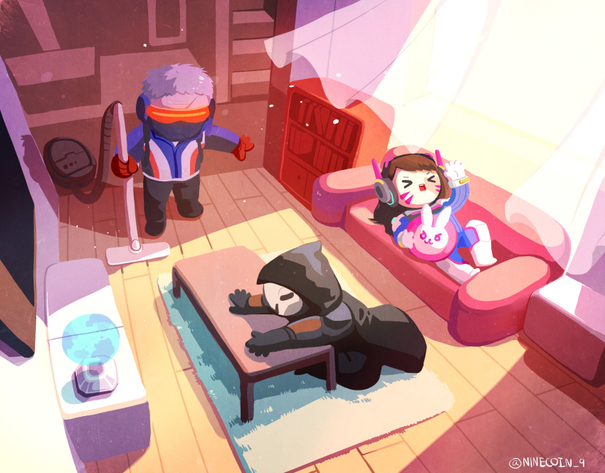 &gt;_&lt; 1girl 2boys bangs bodysuit brown_hair butterfly_sitting carpet chibi closed_eyes commentary_request couch curtains d.va_(overwatch) face_mask facial_mark globe gloves headphones highres holding hologram hood hooded_jacket indoors jacket korean living_room long_hair lying mask multiple_boys ninecoin_9 on_back open_mouth overwatch pillow pilot_suit reaper_(overwatch) short_hair signature sitting soldier:_76_(overwatch) sunlight swept_bangs table television trench_coat twitter_username vacuum_cleaner visor whisker_markings white_gloves white_hair
