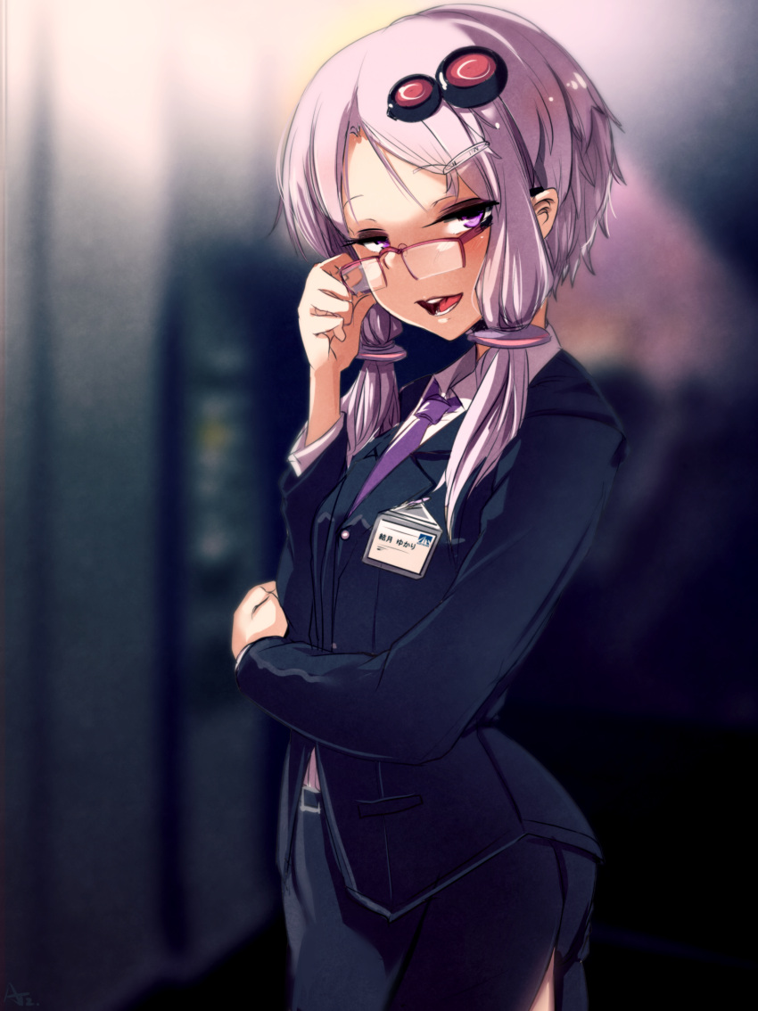1girl absurdres adjusting_glasses at2. bespectacled black_jacket black_skirt blurry business_suit buttons collared_shirt cowboy_shot depth_of_field dress_shirt formal glasses hair_ornament hair_tubes hairclip hand_on_arm hand_up highres holding_arm jacket long_hair looking_at_viewer low_twintails name_tag necktie office_lady over-rim_glasses pencil_skirt purple_hair purple_necktie red-framed_glasses round_teeth seductive_smile semi-rimless_glasses shirt side_slit skirt smile solo suit teeth transparent twintails violet_eyes vocaloid voiceroid wing_collar yuzuki_yukari
