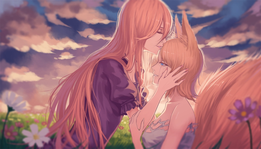 2girls animal_ears arm_holding bangs bare_shoulders blonde_hair blue_eyes blurry breasts closed_eyes clouds cloudy_sky crying crying_with_eyes_open depth_of_field eyelashes fingernails flipped_hair forehead_kiss fox_ears fox_tail from_side grass hand_on_another's_arm hand_on_another's_cheek hand_on_another's_face highres kiss leaning_forward long_fingernails long_hair looking_at_another multiple_girls nail_polish no_hat no_headwear outdoors parted_lips pink_flower pink_nails profile puffy_short_sleeves puffy_sleeves red-d short_hair short_sleeves sky strapless streaming_tears sunlight tail tears torn_clothes touhou upper_body very_long_hair white_flower yakumo_ran yakumo_yukari yuri
