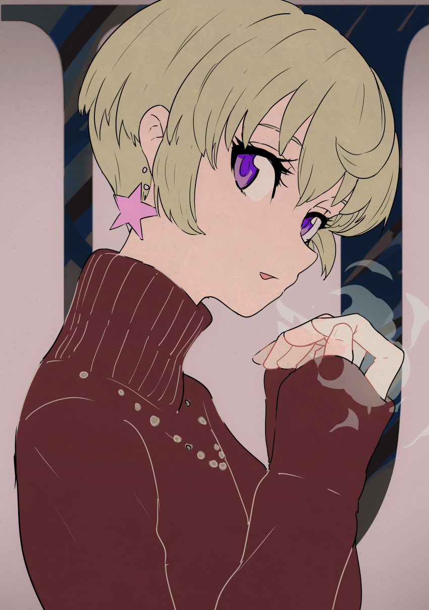 1girl absurdres aikatsu! blonde_hair breath breathing_on_hands cogecha earrings hattori_yuu highres jewelry looking_at_viewer open_mouth portrait short_hair solo star star_earrings sweater turtleneck turtleneck_sweater violet_eyes