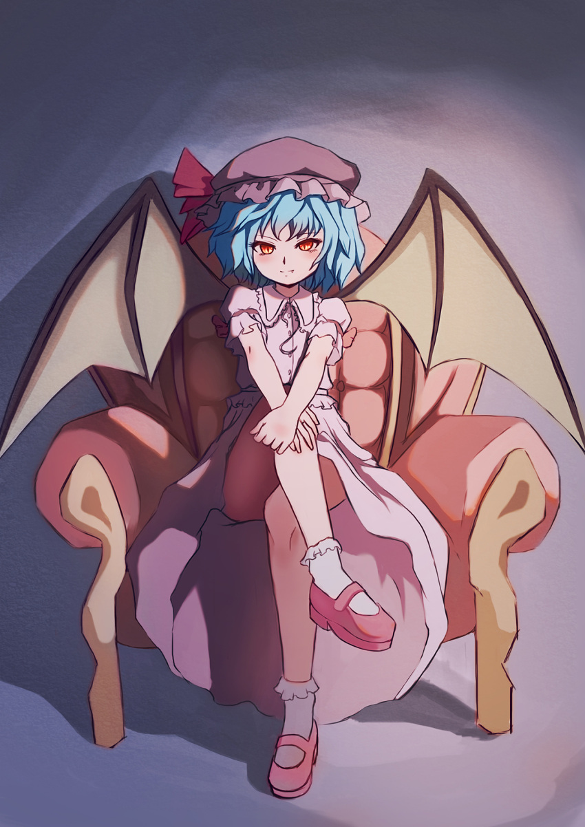 1girl armchair bat_wings blue_hair blush chair convenient_leg fang full_body gradient gradient_background hat highres huan_yu legs_crossed looking_at_viewer mary_janes mob_cap puffy_sleeves red_eyes remilia_scarlet shirt shoes short_hair short_sleeves sitting skirt skirt_set slit_pupils smile socks solo touhou white_legwear wings