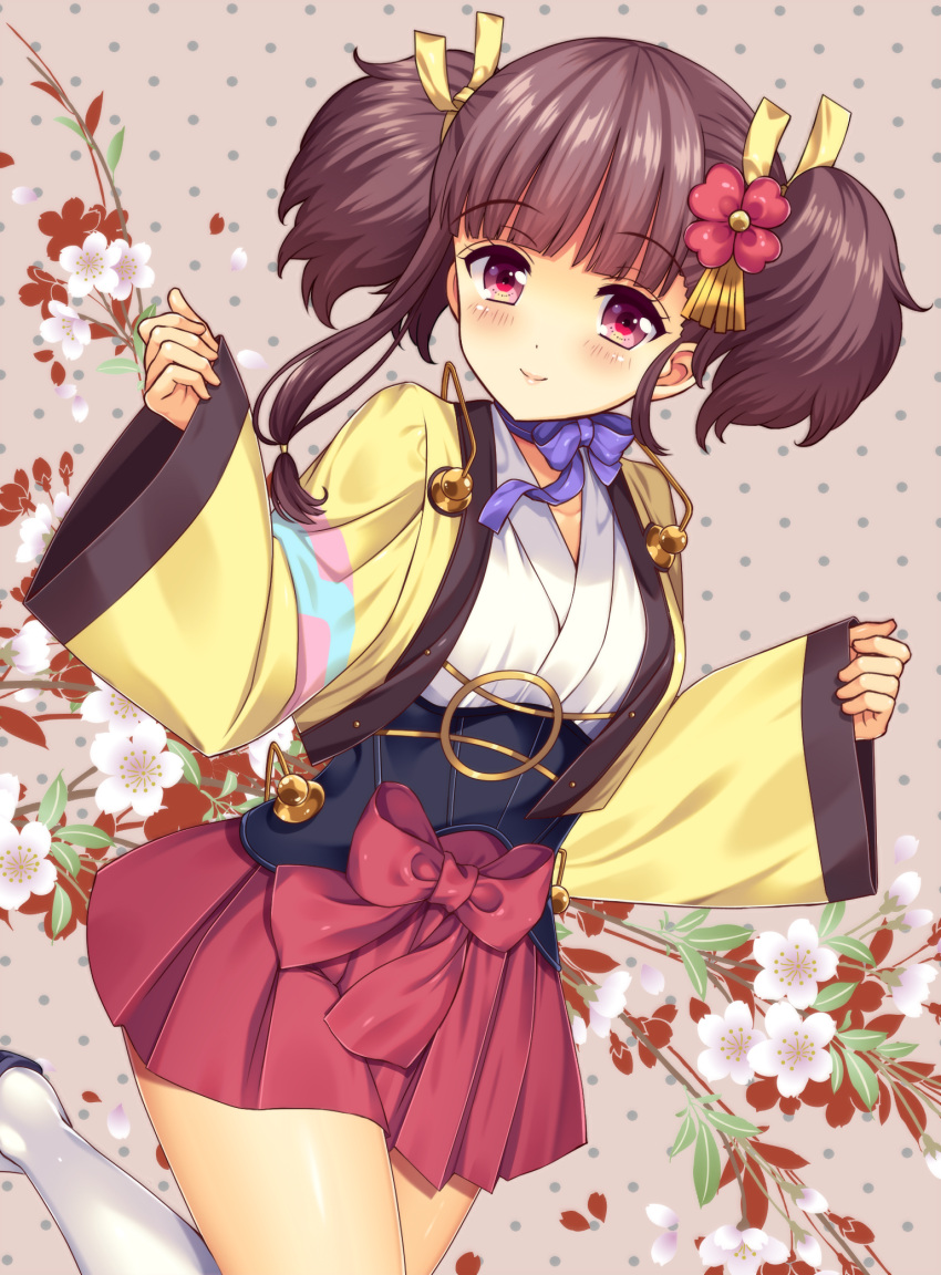 1girl bangs blush brown_hair choker commentary_request flower hair_flower hair_ornament hair_ribbon hakama_skirt highres japanese_clothes kimono koutetsujou_no_kabaneri long_sleeves looking_at_viewer lyric_(hina9111) mumei_(kabaneri) red_eyes red_skirt ribbon ribbon_choker short_hair skirt sleeves_past_wrists smile solo twintails