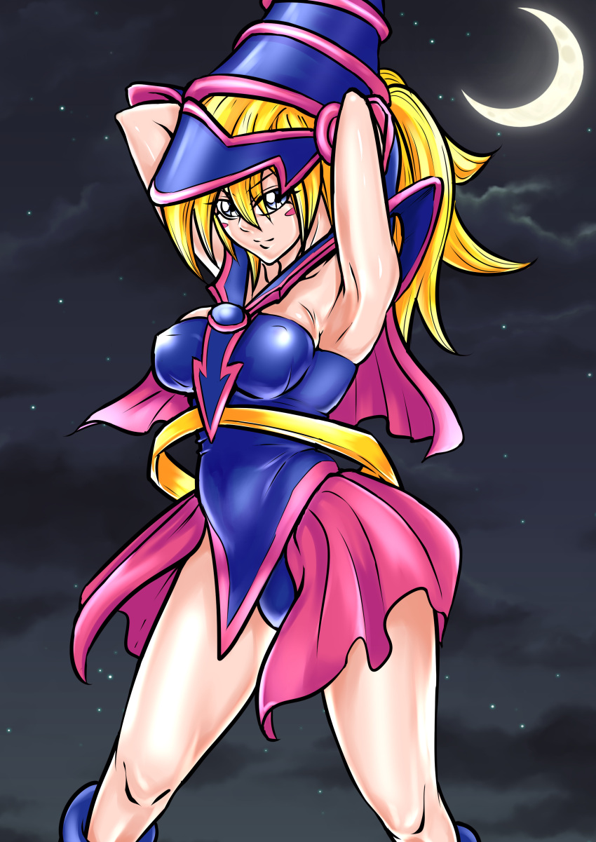1girl blonde_hair boots breasts cleavage dark_magician_girl duel_monster female green_eyes hat magical_girl moon night skirt sky smile solo sweat wizard_hat yu-gi-oh!