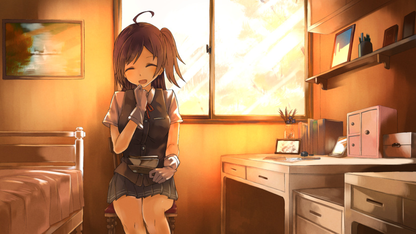 1girl :d ahoge bed bedroom blouse blush book brown_hair buttons chair chest_of_drawers closed_eyes commentary_request cup desk drawer flower gloves hagikaze_(kantai_collection) head_tilt holding_letter indoors kantai_collection long_hair mug neck_ribbon one_side_up open_mouth paper pen pencil photo_(object) pleated_skirt portrait_(object) red_ribbon ribbon ruler shelf short_sleeves sitting skirt smile solo umoo_futon vase vest white_blouse white_gloves window