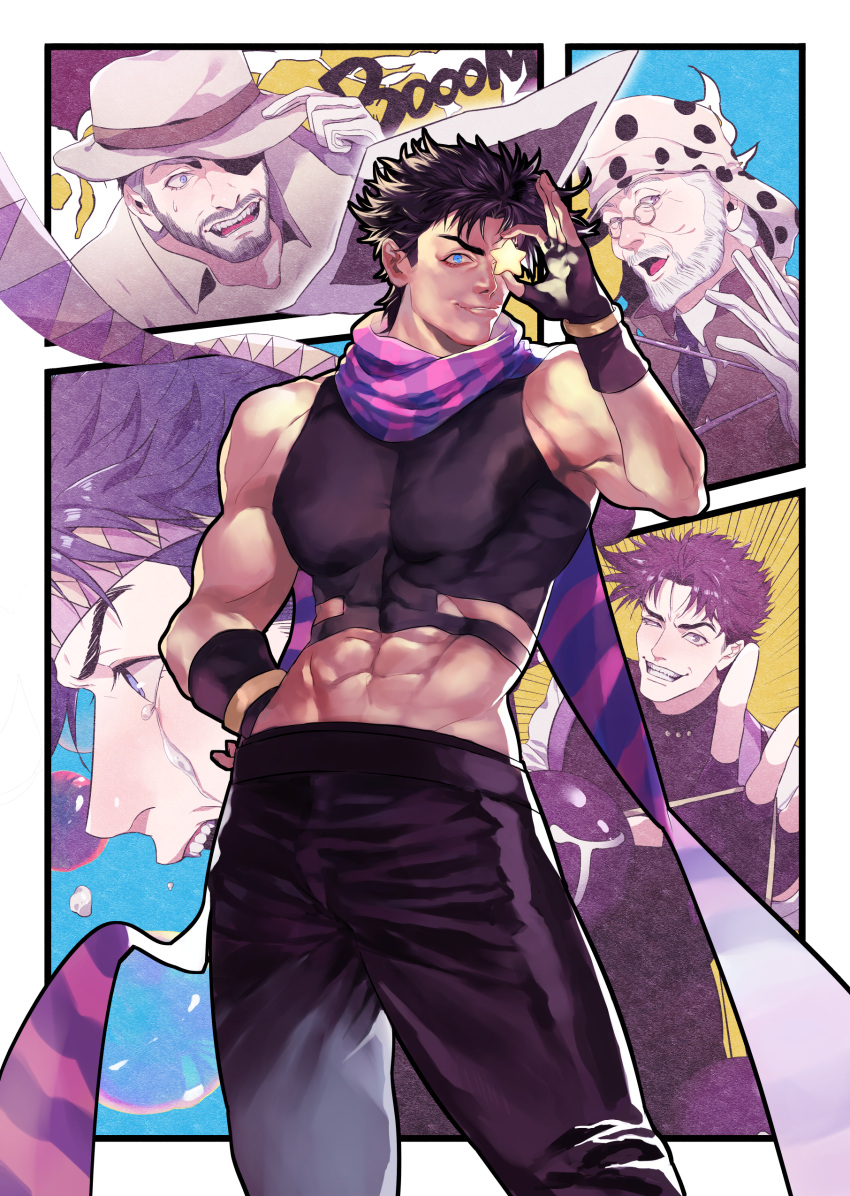 3boys abs absurdres adjusting_clothes adjusting_hat age_comparison blue_eyes bubble crop_top crying fingerless_gloves glasses gloves grey_hair hand_on_hip hat headband highres jojo_no_kimyou_na_bouken joseph_joestar joseph_joestar_(young) multiple_boys multiple_persona muscle open_mouth purple_hair samuraisamurai scarf smile star streaming_tears striped striped_scarf sweatdrop tears teeth white_hair