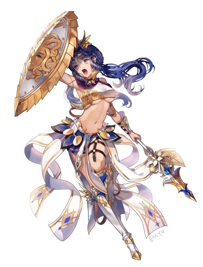 1girl armor armored_boots armpits artist_request athena_(mythology) bangs belt blue_eyes blue_hair boots breasts buckle circlet coin_(ornament) crop_top crystal diamond_(shape) eyebrows eyebrows_visible_through_hair floral_print full_body gem goddess gorgon greek_mythology hair_between_eyes hair_intakes halterneck highres holding holding_shield holding_weapon jewelry long_hair looking_away midriff miniskirt mythology navel necklace open_mouth original overskirt pleated_skirt polearm shade shield shoes signature simple_background skirt sleeveless solo spear standing standing_on_one_leg stitches stomach thigh_strap under_boob vambraces weapon white_background winged_shoes wings yumaomi