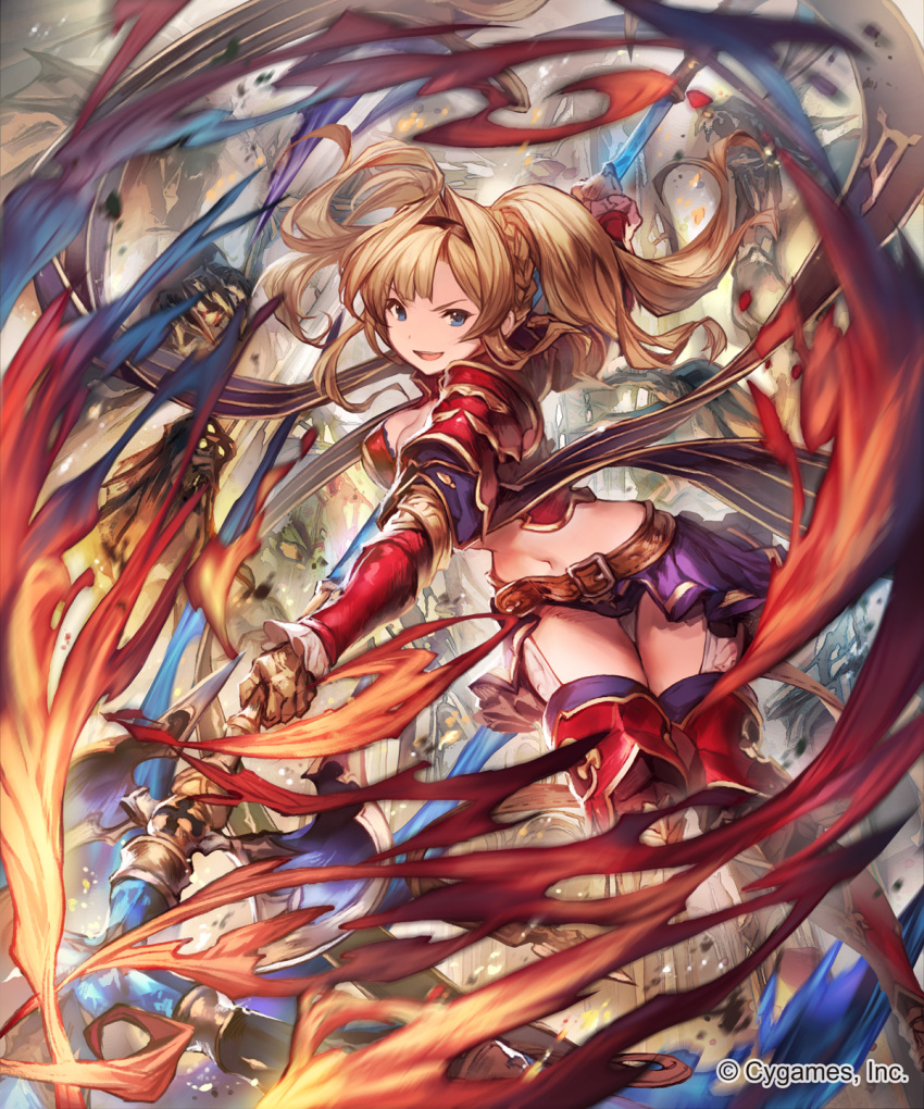 1girl belt black_panties blonde_hair blue_eyes boots braid breasts cleavage fire gloves granblue_fantasy hairband highres lee_hyeseung long_hair midriff miniskirt monster navel official_art panties parted_lips shingeki_no_bahamut skirt smile solo_focus thigh-highs thigh_boots thigh_gap twintails underwear weapon zeta_(granblue_fantasy)