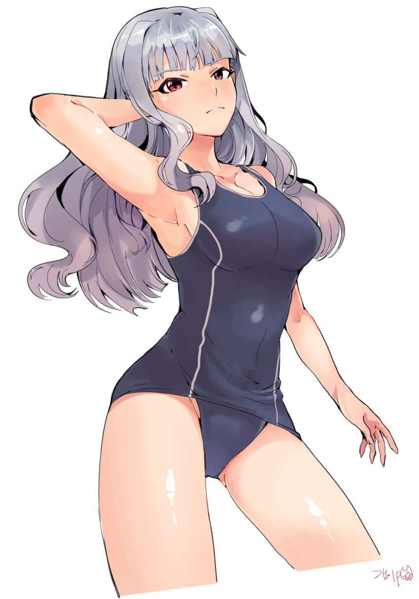 1girl arm_behind_head armpits breasts cleavage hairband highres idolmaster long_hair looking_at_viewer medium_breasts one-piece_swimsuit school_swimsuit shijou_takane silver_hair simple_background solo swimsuit tuxedo_de_cat violet_eyes white_background