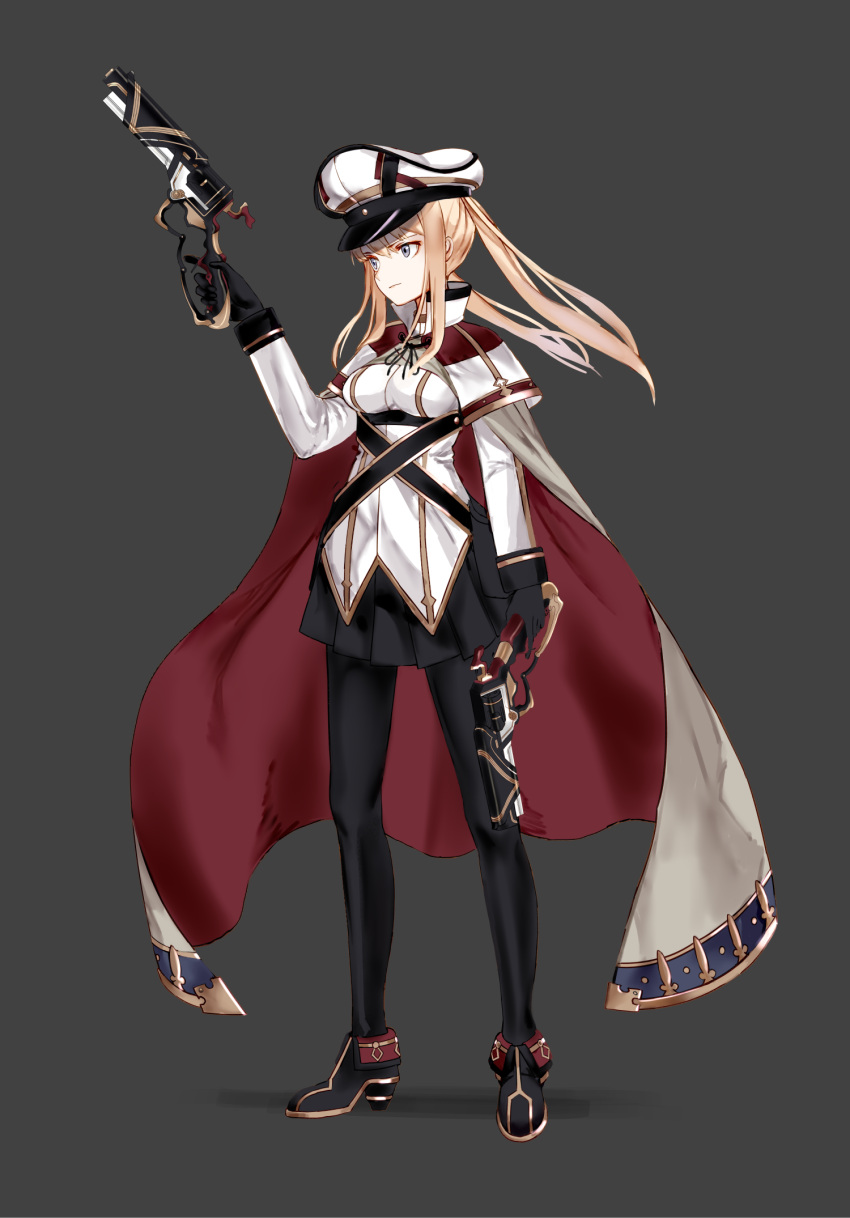 1girl arm_at_side black_background black_gloves black_legwear black_shoes black_skirt blonde_hair blue_eyes breasts cape capelet closed_mouth dual_wielding full_body gloves graf_zeppelin_(kantai_collection) grey_cape gun hat highres holding holding_gun holding_weapon kantai_collection large_breasts long_sleeves pantyhose peaked_cap pleated_skirt ruisento serious shoes short_hair_with_long_locks sidelocks simple_background skirt solo standing trigger_discipline twintails underbust weapon white_hat
