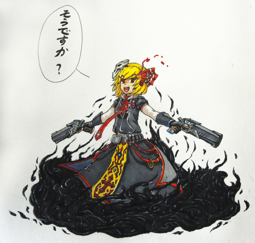 1girl :d absurdres blonde_hair burning_eyes cloak cross crucifix darkness dress dual_wielding fangs gauntlets gloves gun hair_ribbon highres is_that_so looking_at_viewer mask mask_on_head necktie open_mouth overwatch power_connection reaper_(overwatch) reaper_(overwatch)_(cosplay) red_eyes ribbon rumia scan shotgun smile solo touhou traditional_media weapon